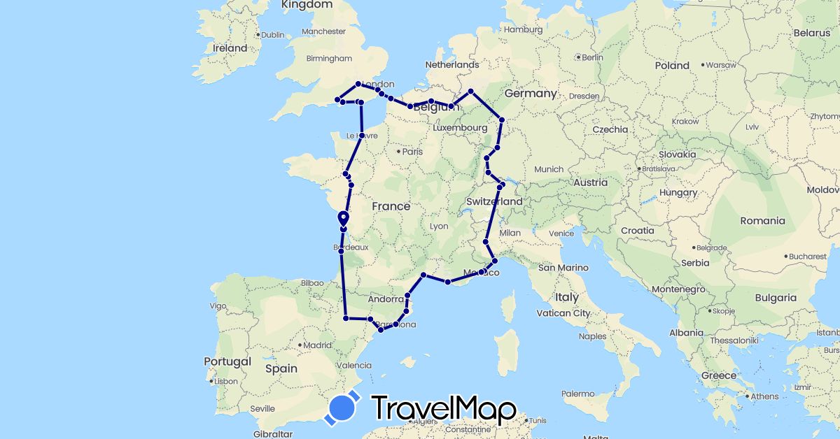 TravelMap itinerary: driving in Belgium, Switzerland, Germany, Spain, France, United Kingdom, Italy, Monaco (Europe)