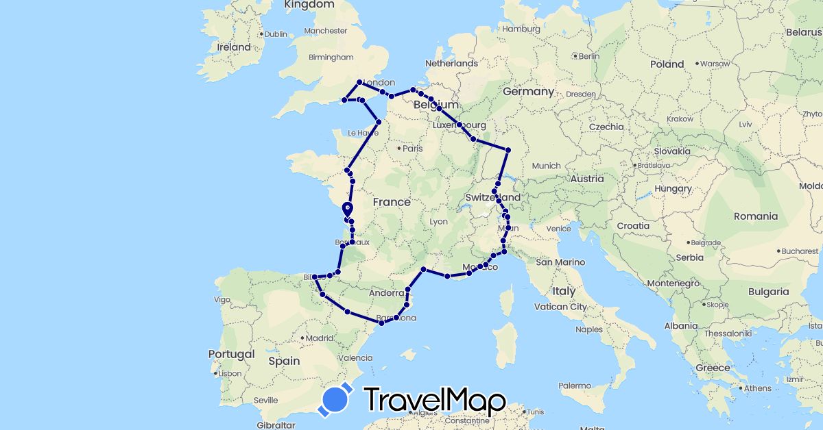 TravelMap itinerary: driving in Belgium, Switzerland, Germany, Spain, France, United Kingdom, Italy, Luxembourg, Monaco (Europe)